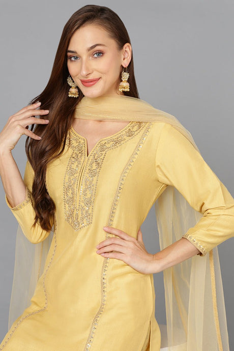Yellow Silk Blend Embroidered Festive Wear Suit Set