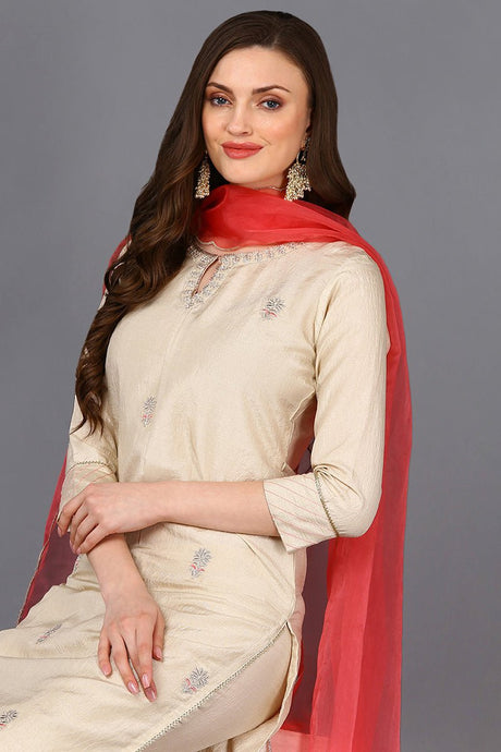 Beige Poly Silk Embroidered Straight Kurta Pant With Dupatta