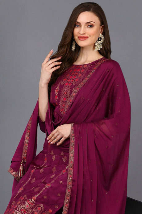 Magenta Poly Silk Embroidered Straight Suit Set