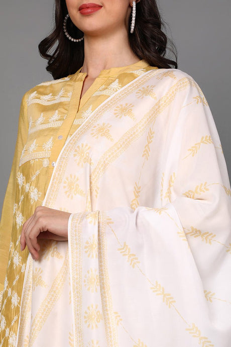 Yellow Poly Silk Ethnic Motifs Straight Suit Set