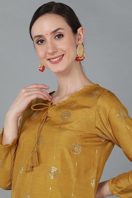 Mustard Silk Blend Ethnic Motifs Straight Suit Set