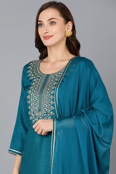 Teal Silk Blend Solid Straight Suit Set