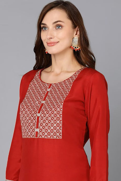 Red Silk Blend Solid Straight Suit Set