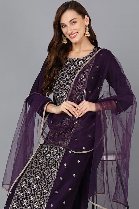 Purple Silk Blend Ethnic Motifs Straight Suit Set