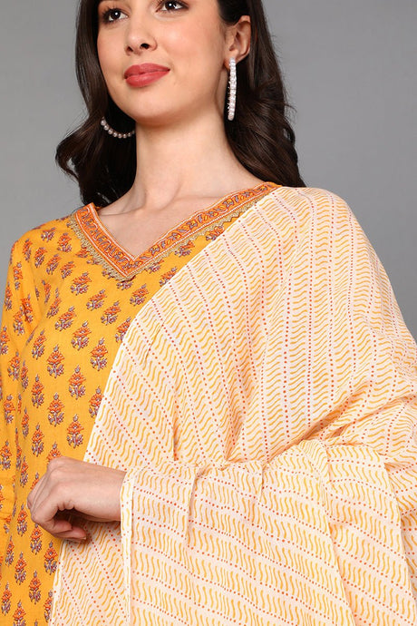 Yellow Cotton Ethnic Motifs Straight Suit Set