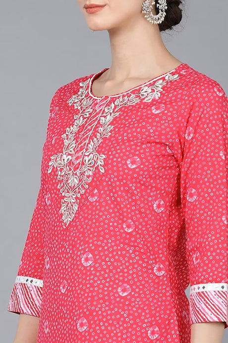 Pink Cotton Bandhani Straight Suit Set