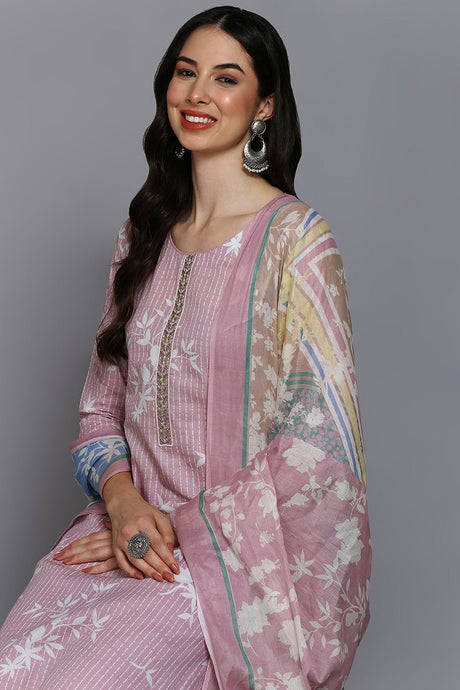 Pink Cotton Ethnic Motifs Straight Suit Set