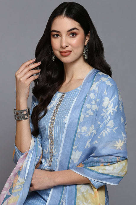 Blue Cotton Blend Ethnic Motifs Straight Suit Set