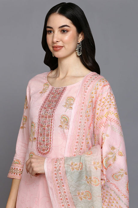 Pink Cotton Blend Floral Straight Suit Set