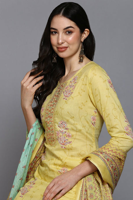 Yellow Cotton Blend Ethnic Motifs Straight Suit Set