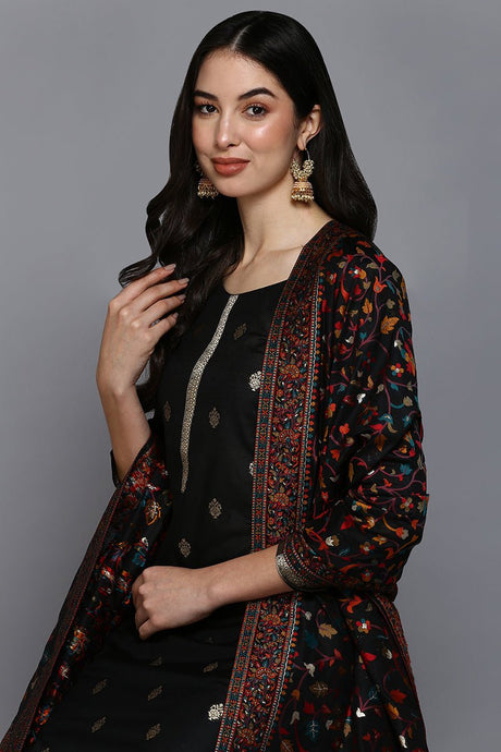 Black Silk Blend Ethnic Straight Suit Set
