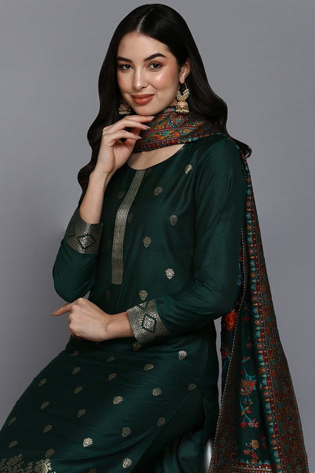 Green Silk Blend Ethnic Motifs Straight Suit Set