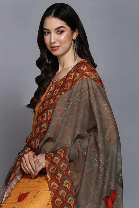 Orange Silk Blend Ethnic Motifs Straight Suit Set