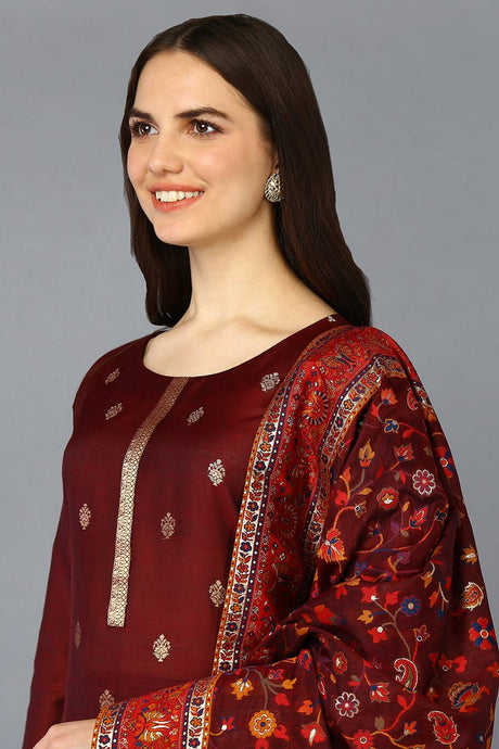 Maroon Silk Blend Ethnic Motifs Straight Suit Set