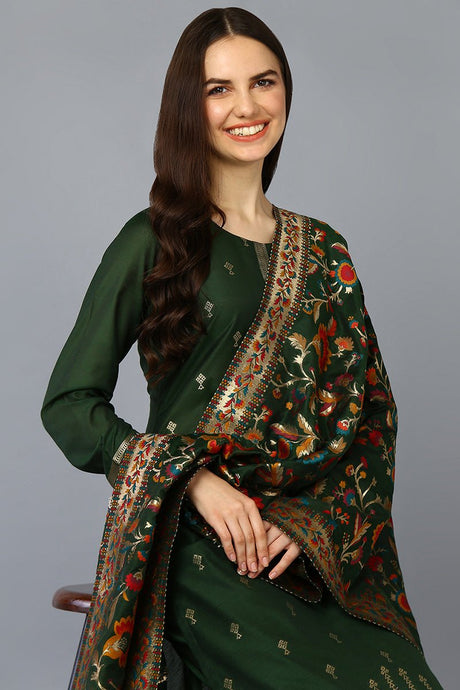 Green Silk Blend Ethnic Motifs Straight Suit Set