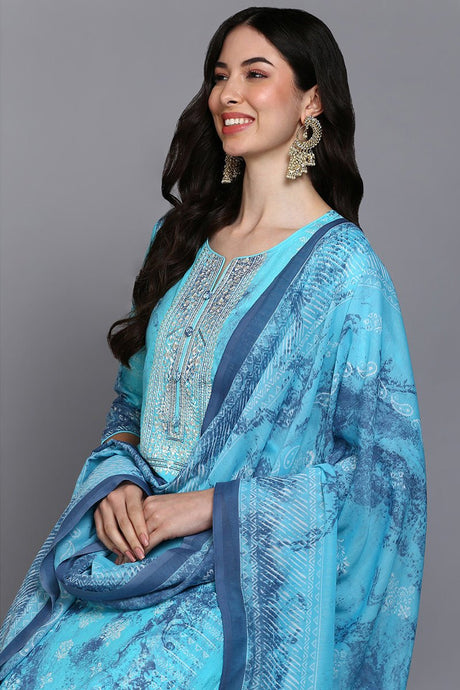 Cotton Blue Printed Straight Kurta Pant With Dupatta