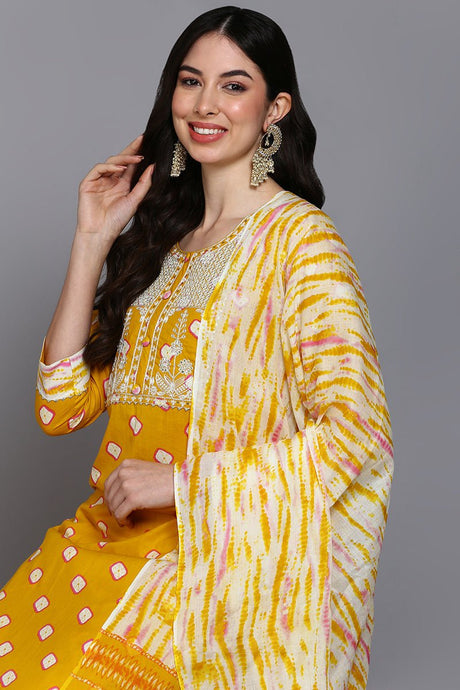 Cotton Yellow Bandhani Printed Straight Kurta Pant With Dupatta