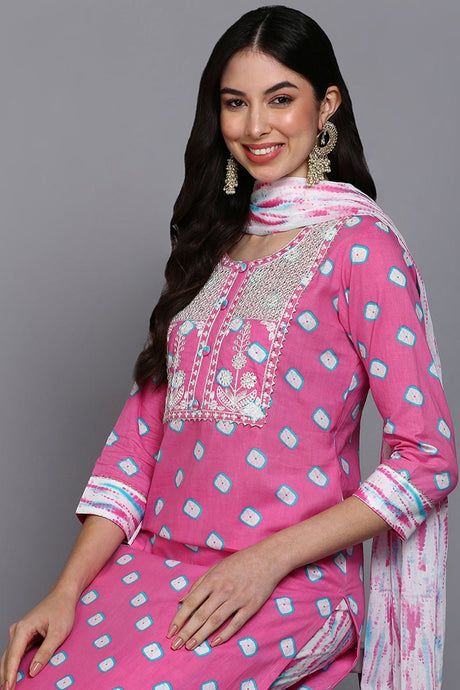 Cotton Pink Bandhani Printed Straight Kurta Pant With Dupatta