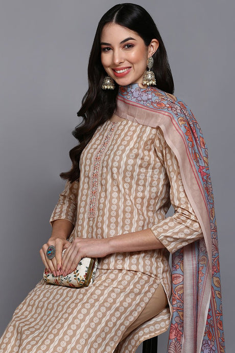 Cotton Beige Printed Straight Kurta Pant With Dupatta