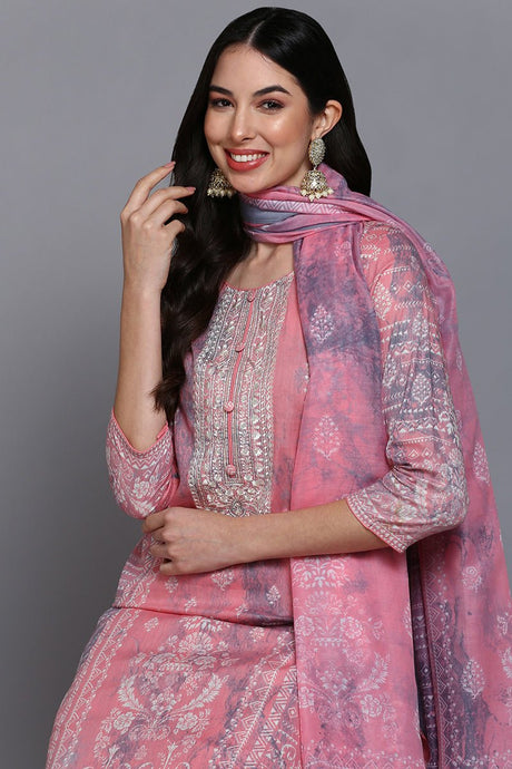 Cotton Peach Printed Straight Kurta Pant With Dupatta