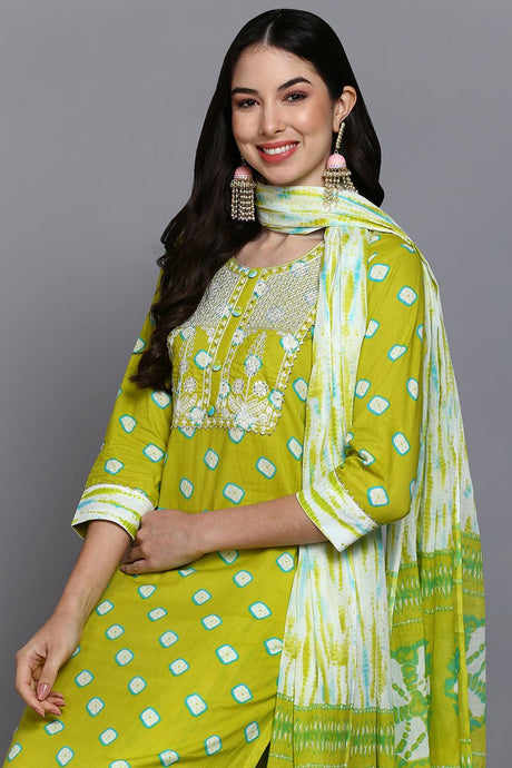 Cotton Green Bandhani Printed Straight Kurta Pant With Dupatta