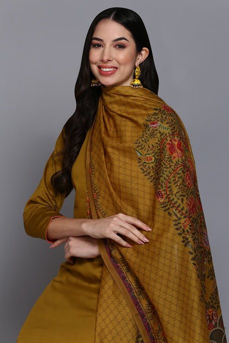Cotton Olive Embroidered Straight Kurta Pant With Dupatta