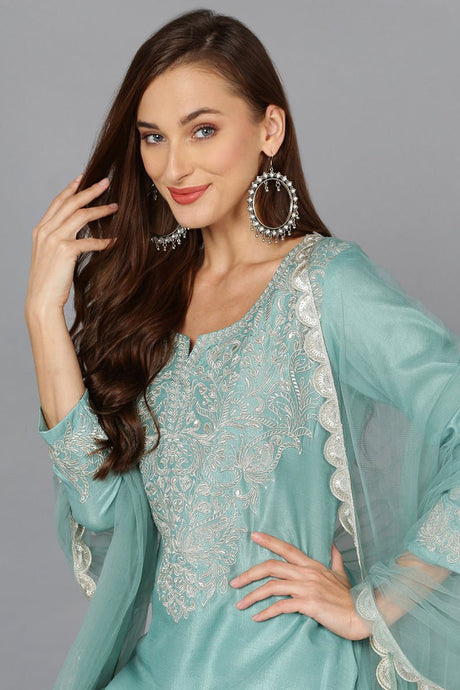 Sea Green Silk Blend Embroidered Straight Suit Set