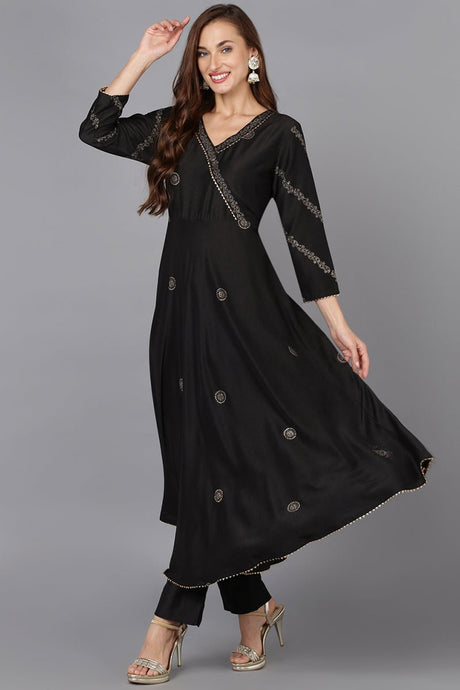 Black Silk Blend Ethnic Motifs Straight Suit Set