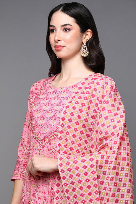 Pink Cotton Floral Anarkali Suit Set