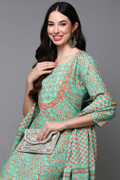 Green Cotton Ethnic Motifs Anarkali Suit Set
