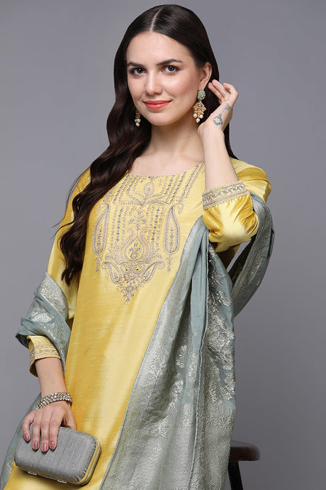 Yellow Poly Silk Floral Straight Suit Set