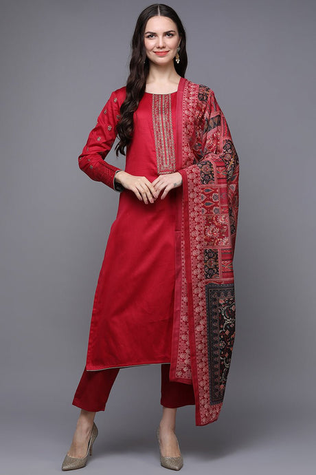 Red Cotton Ethnic Motifs Straight Suit Set