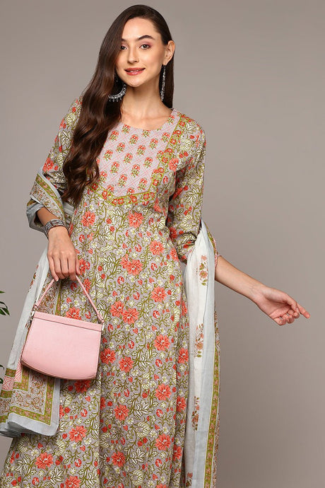 Grey Cotton Printed Flared Suit Set