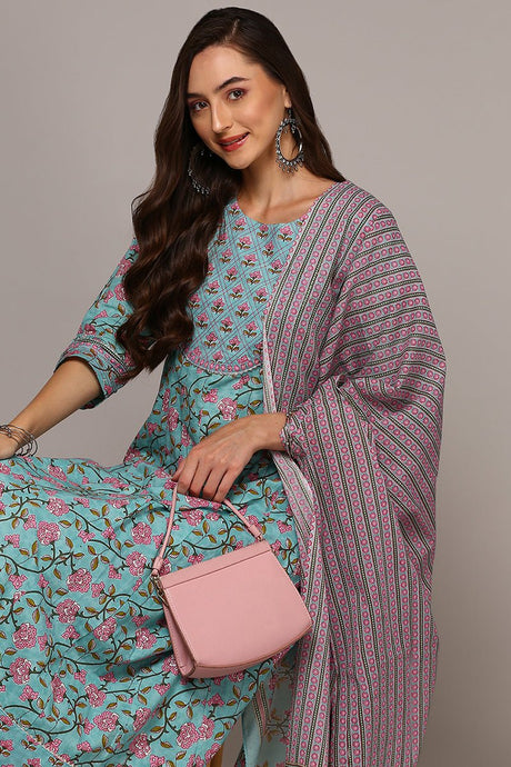Blue Cotton Printed Flared Suit Set