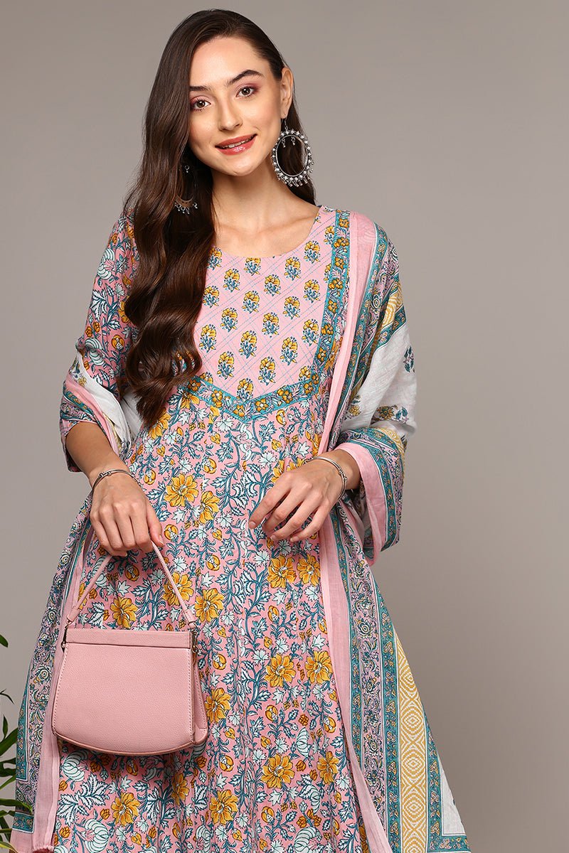 Peach Cotton Printed Flared Suit Set