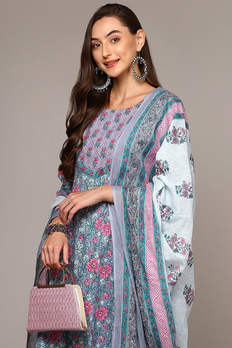 Grey Cotton Printed Flared Suit Set