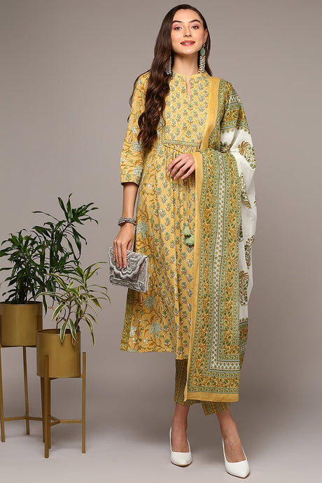 Yellow Cotton Printed Flared Suit Set