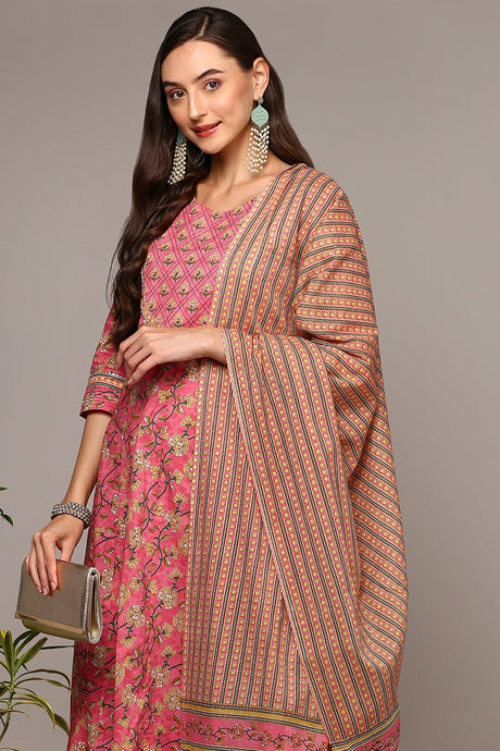 Pink Cotton Printed Flared Suit Set