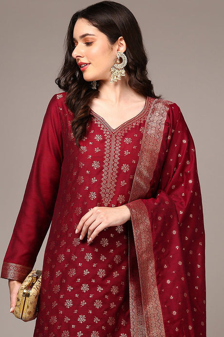 Red Poly Chanderi Woven Design Straight Suit Set