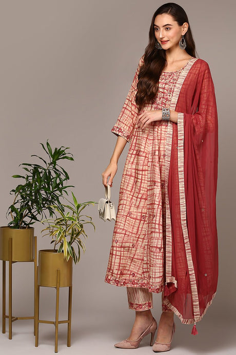 Beige Silk Blend Abstract Printed Flared Suit Set
