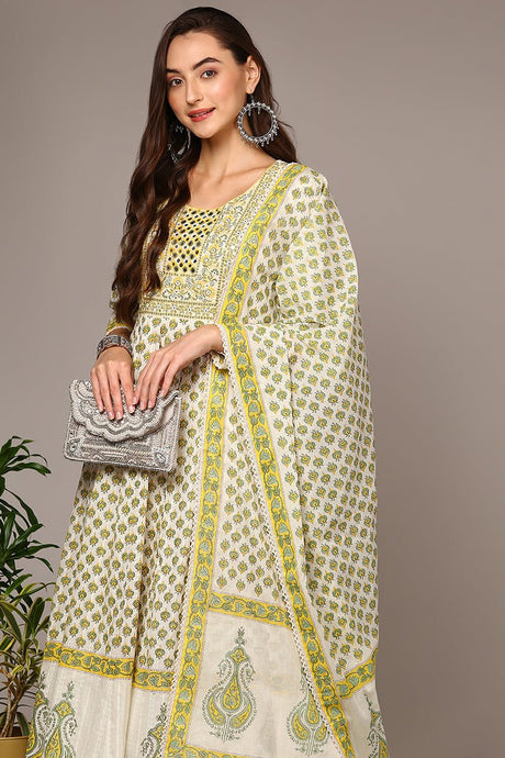 Off White Cotton Ethnic Motif Printed Flared Suit Set