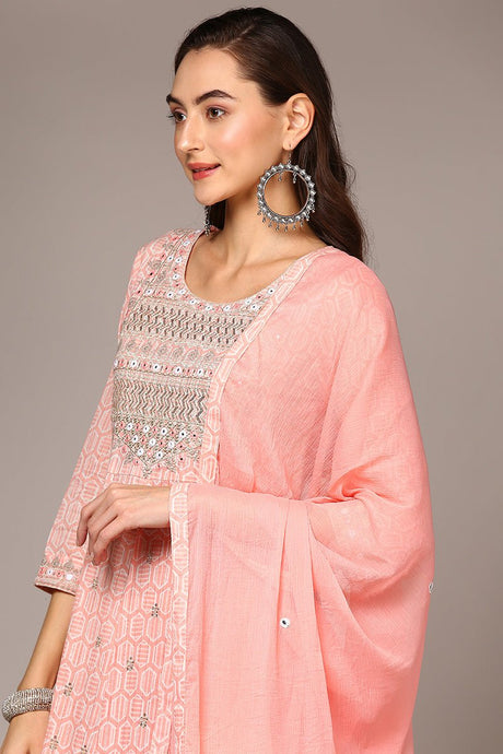 Pink Cotton Embroidered Flared Suit Set