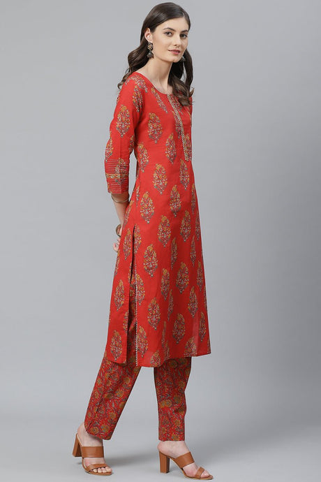 Red Floral Printed Polyester Straight Suit Set