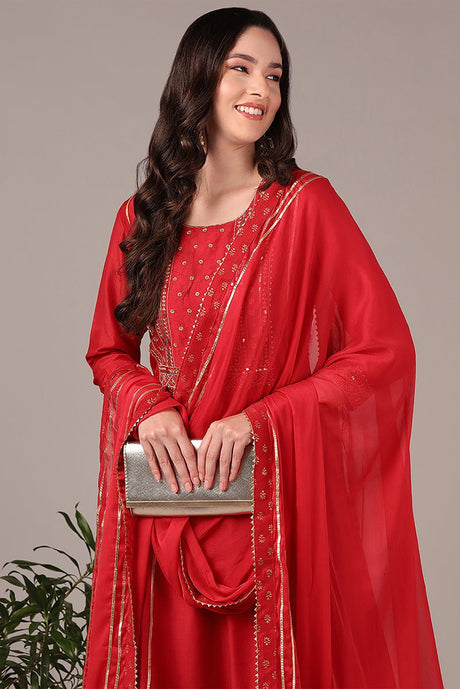 Red Silk Blend Solid Yoke Design Anarkali Style Suit Set