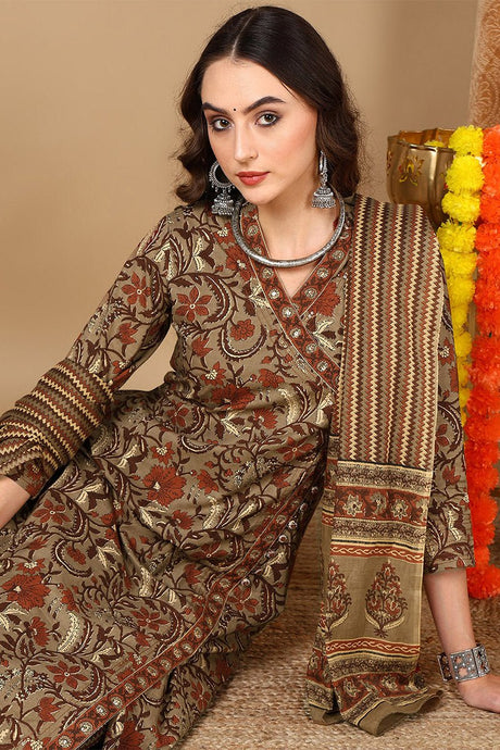 Brown Cotton Floral Printed Angharkha Suit Set