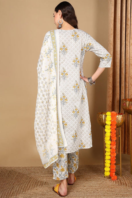 Off White Cotton Ethnic Printed Straight Suit Set