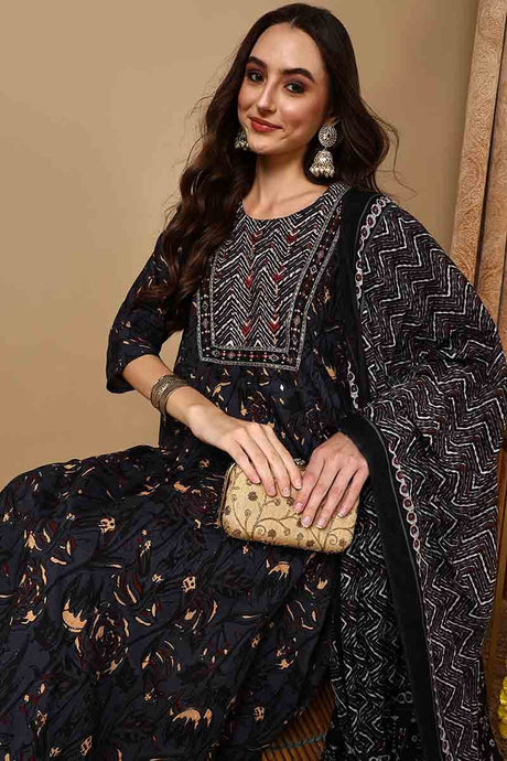 Charcoal Black Cotton Floral Printed Yoke Design Suit Set