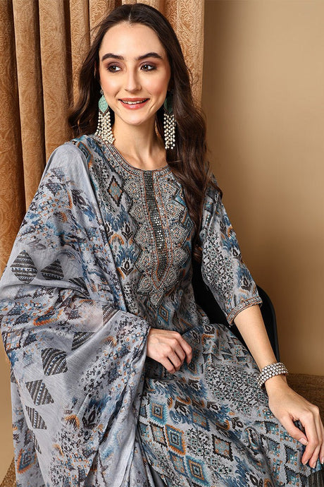 Grey Cotton Ethnic Motifs Printed Straight Suit Set