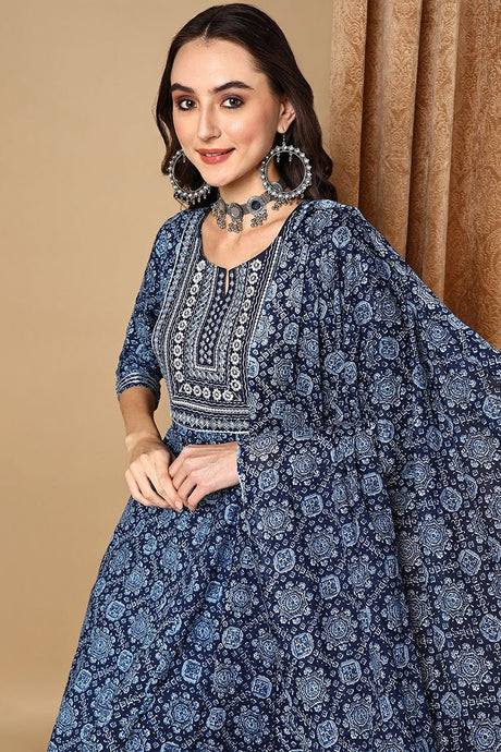 Blue Cotton Ethnic Motifs Printed Anarkali Suit Set