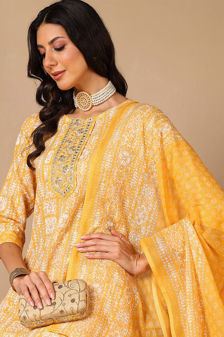 Yellow Poly Cotton Ethnic Motifs Printed Embroidered Straight Suit Set